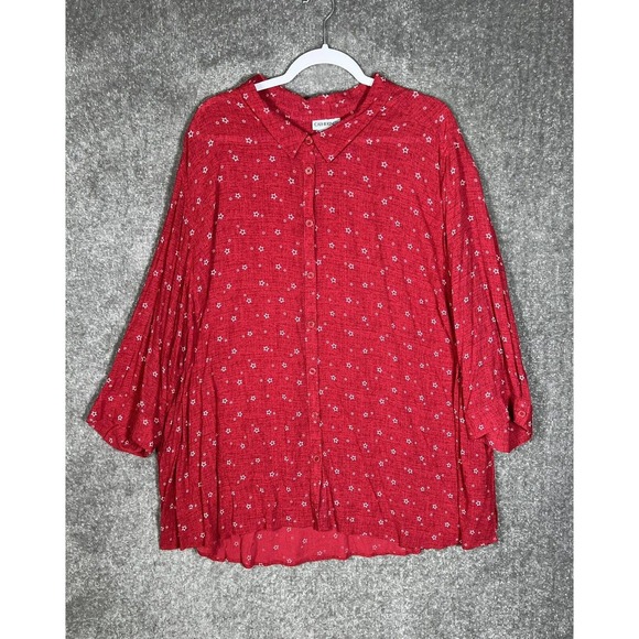 Catherines Button Up Blouse Shirt Womens Size 4X Red Rayon Star Print Top Collar - Picture 1 of 7